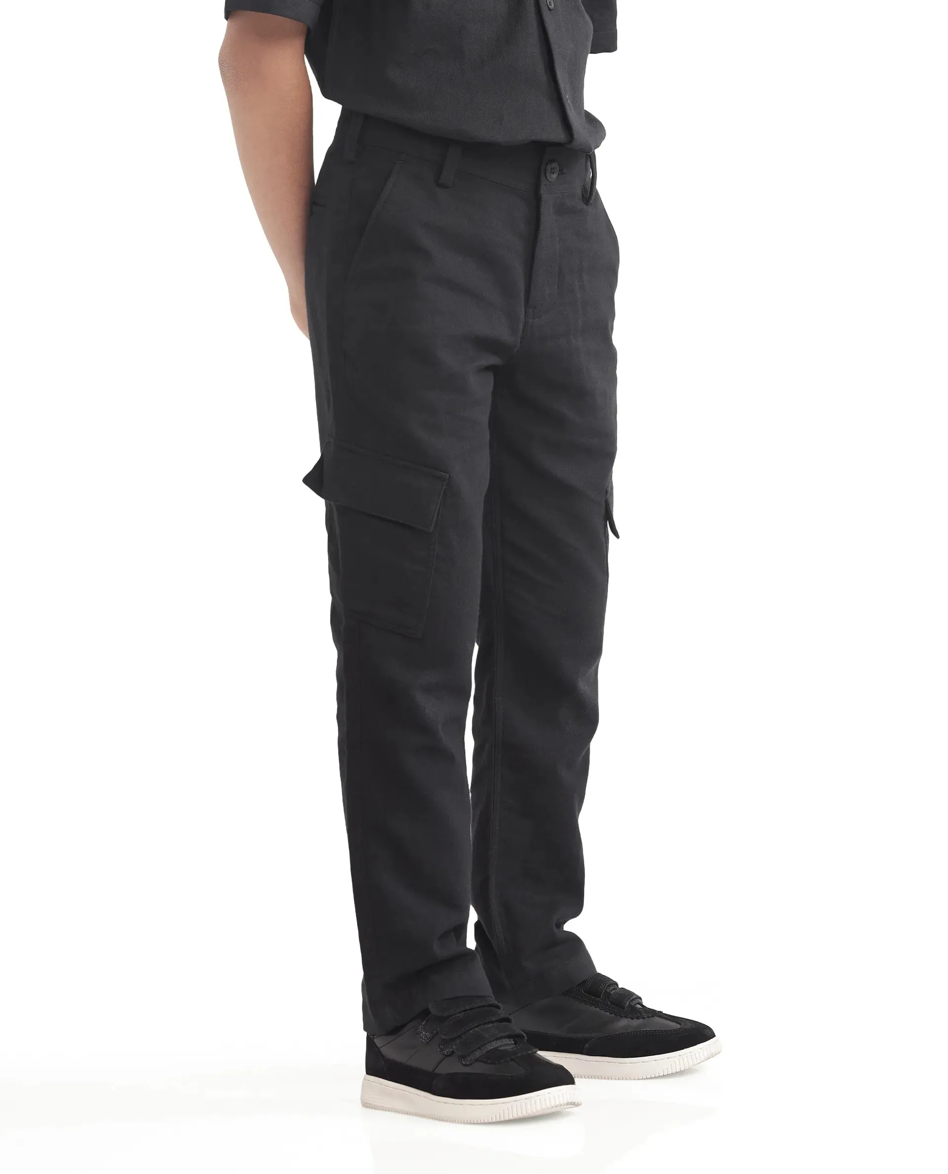 Rare Ones Kids Presso-K Black Cotton Button & Zip Closure Regular Fit Casual Trouser