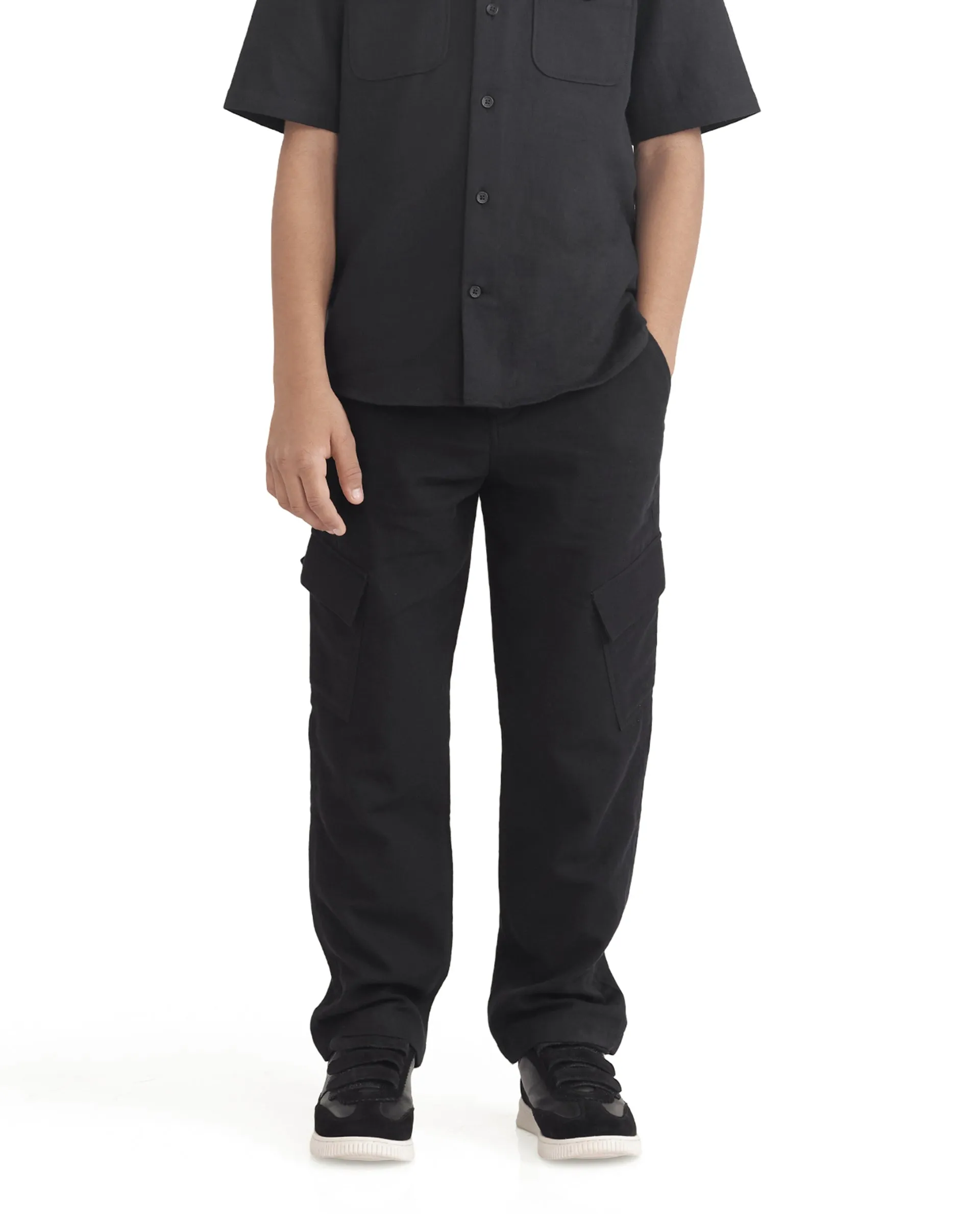 Rare Ones Kids Presso-K Black Cotton Button & Zip Closure Regular Fit Casual Trouser