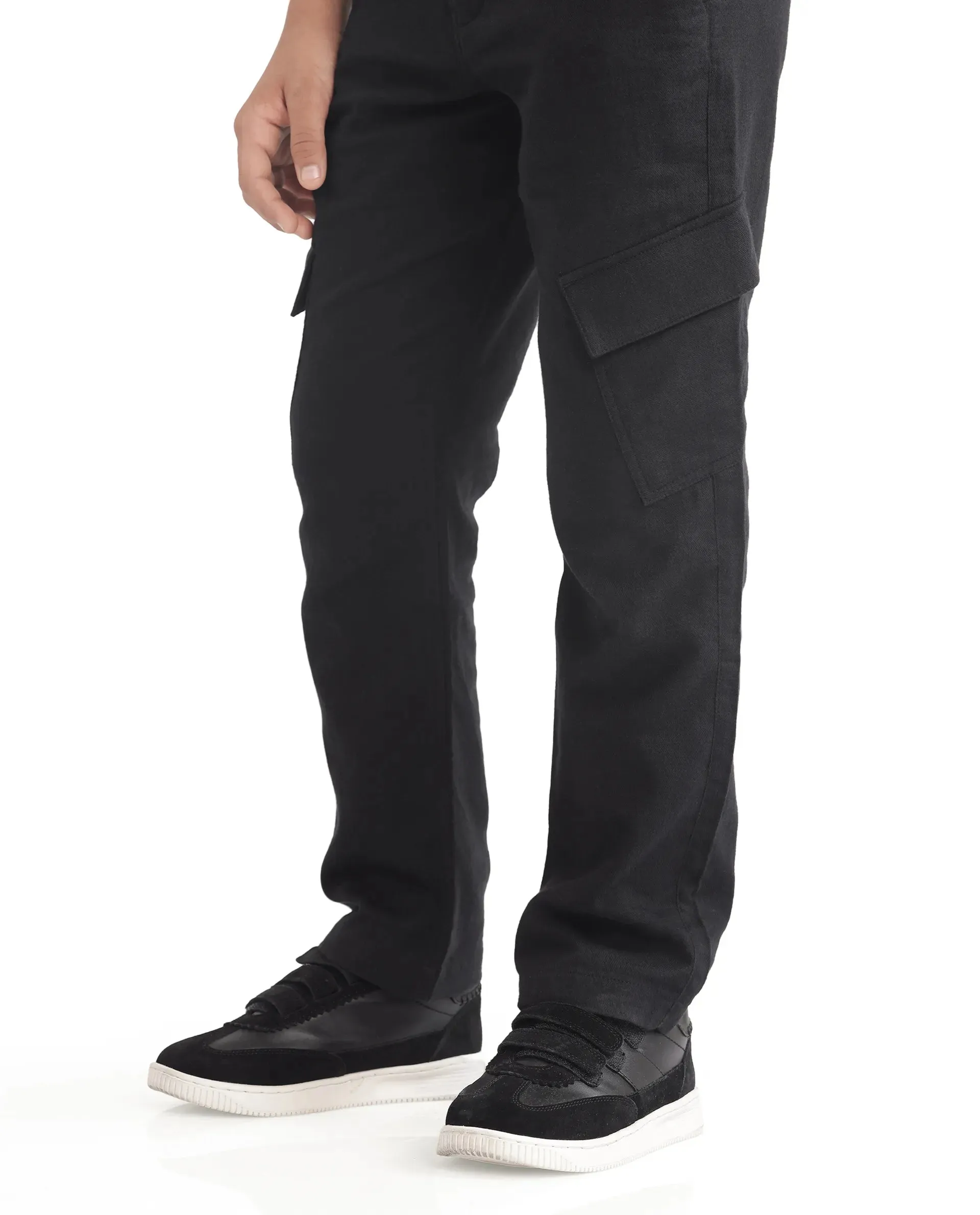 Rare Ones Kids Presso-K Black Cotton Button & Zip Closure Regular Fit Casual Trouser