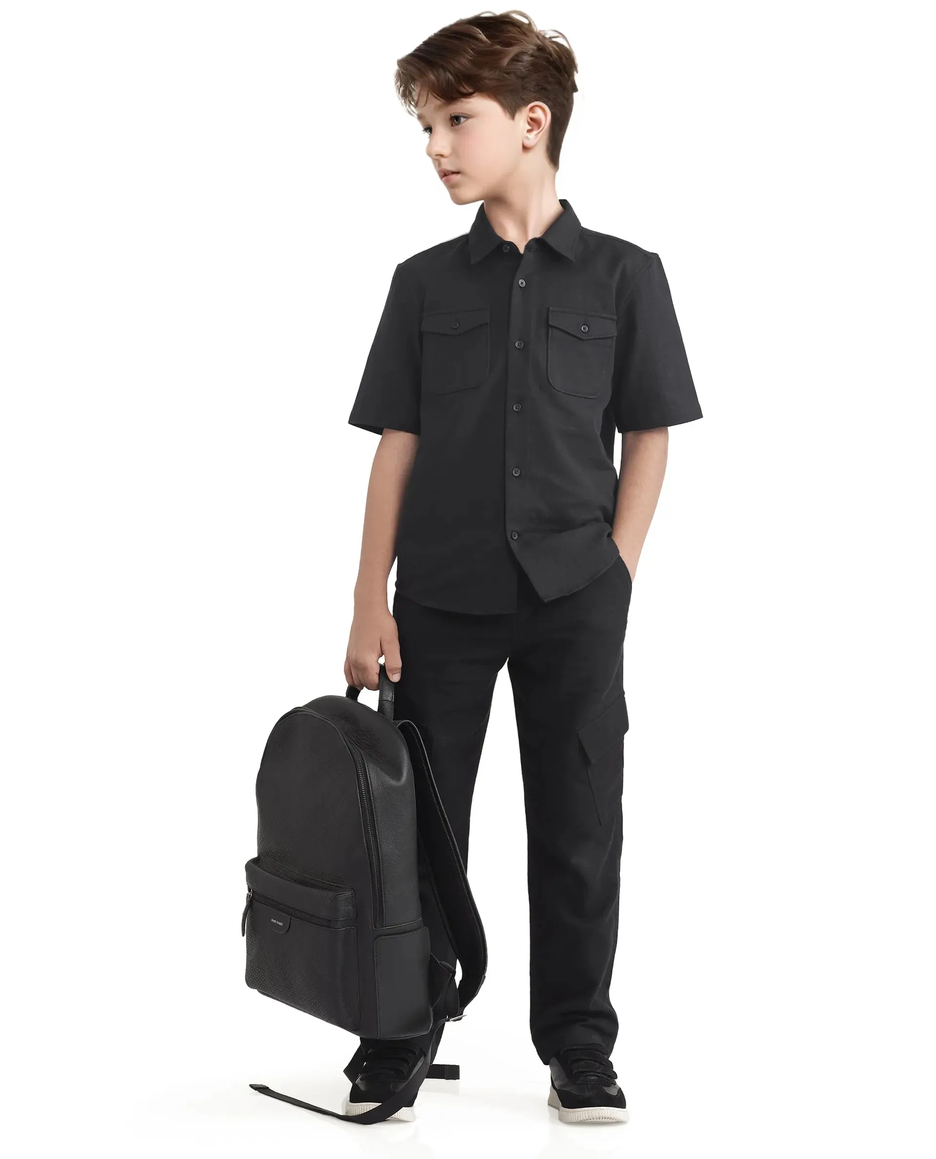 Rare Ones Kids Presso-K Black Cotton Button & Zip Closure Regular Fit Casual Trouser