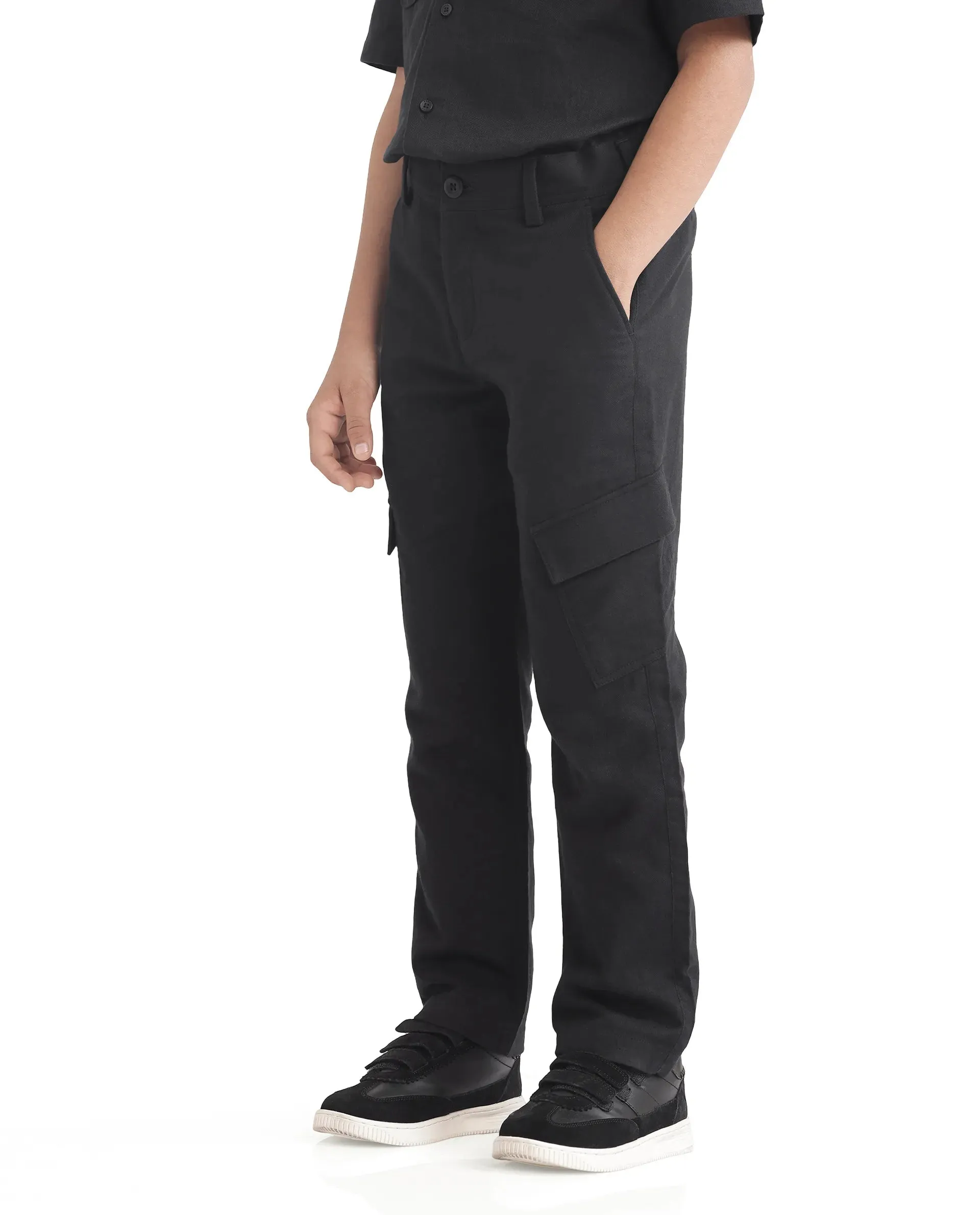 Rare Ones Kids Presso-K Black Cotton Button & Zip Closure Regular Fit Casual Trouser