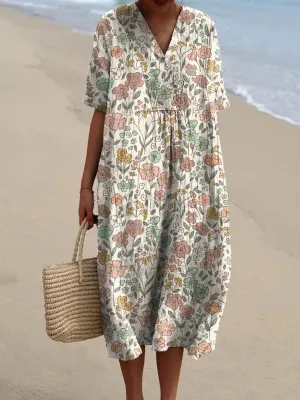 Retro Floral Garden Pattern Printed Women's Flowy Dress