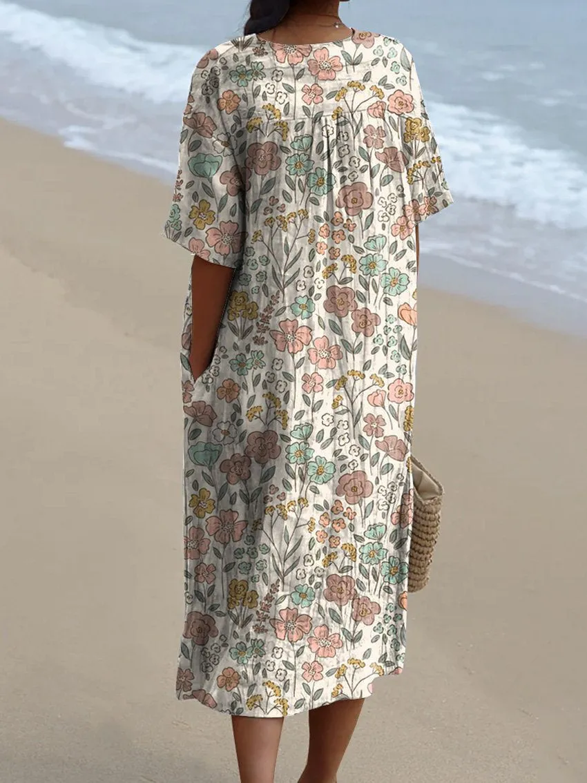 Retro Floral Garden Pattern Printed Women's Flowy Dress