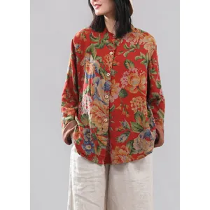 Retro Red O-Neck Print Button Cotton Shirts Long Sleeve VB1012