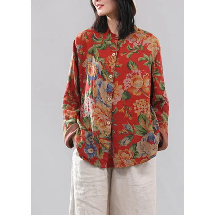 Retro Red O-Neck Print Button Cotton Shirts Long Sleeve VB1012