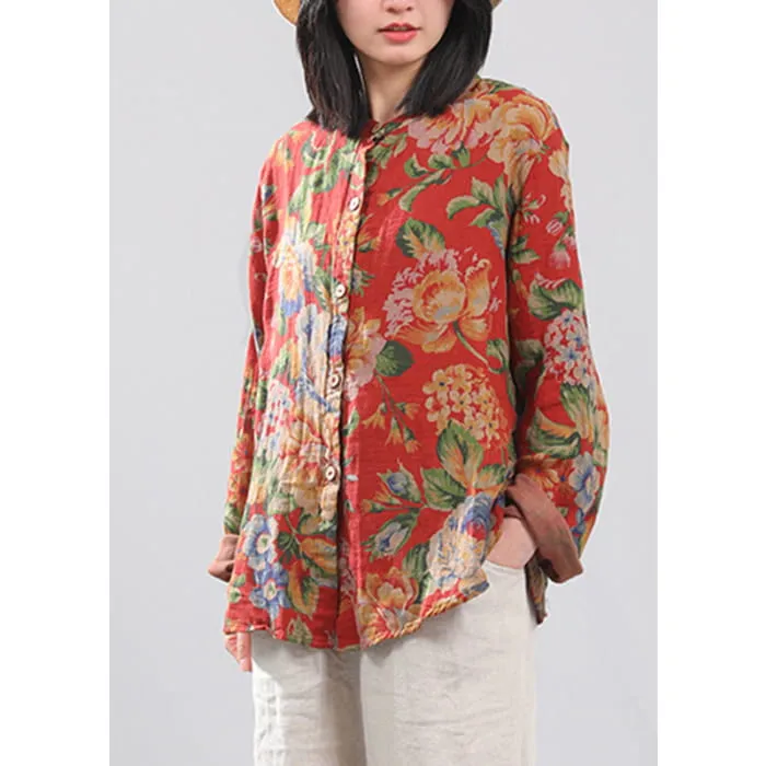 Retro Red O-Neck Print Button Cotton Shirts Long Sleeve VB1012