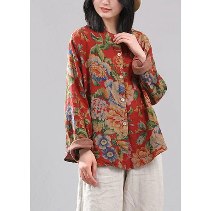 Retro Red O-Neck Print Button Cotton Shirts Long Sleeve VB1012