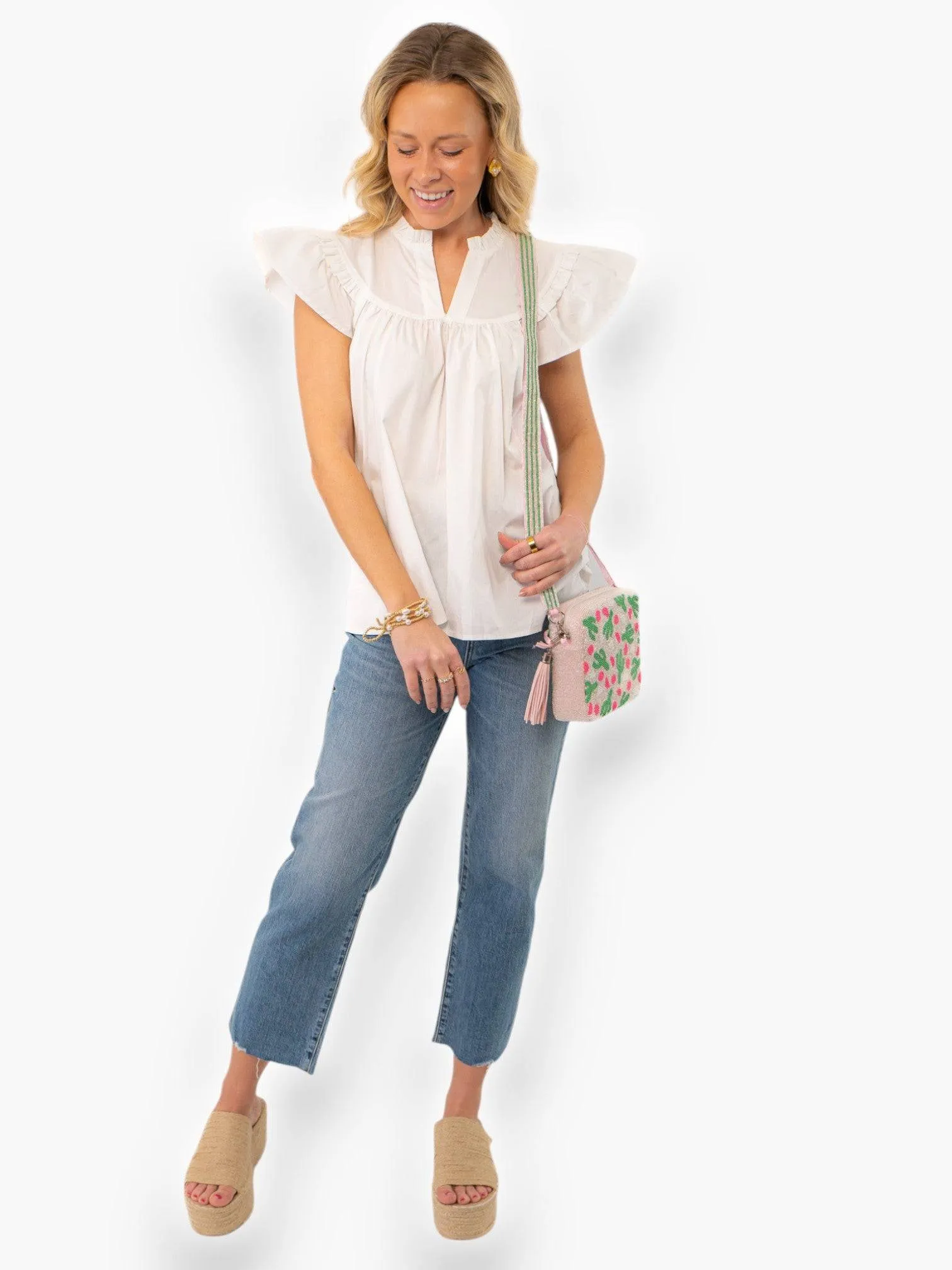 Ruth White Ruffle Sleeve Poplin Top