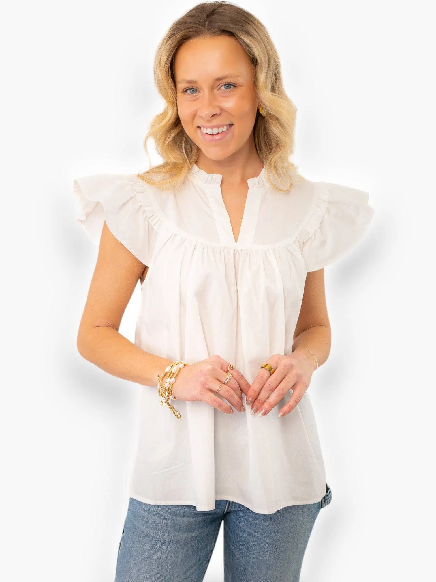 Ruth White Ruffle Sleeve Poplin Top