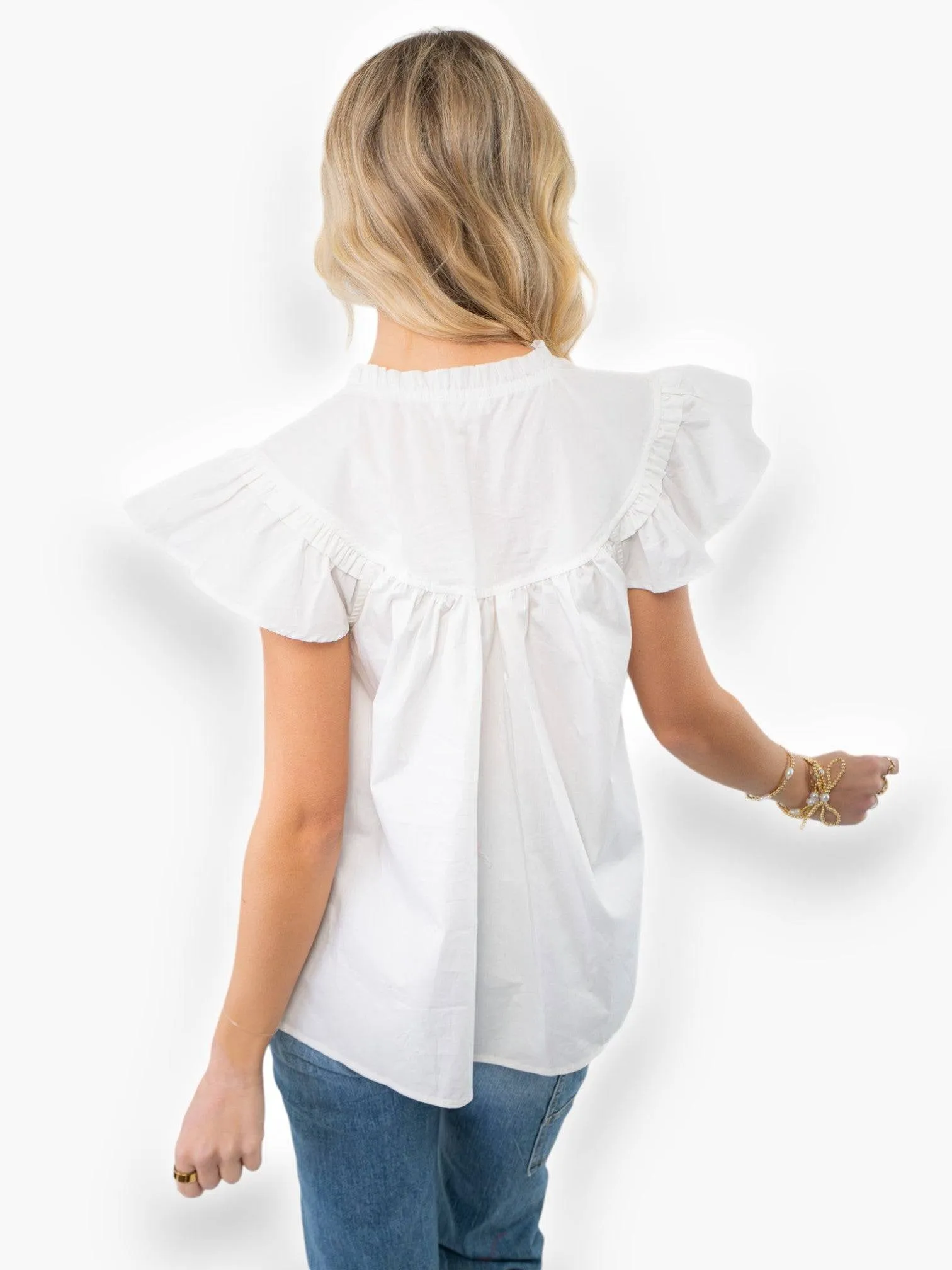 Ruth White Ruffle Sleeve Poplin Top