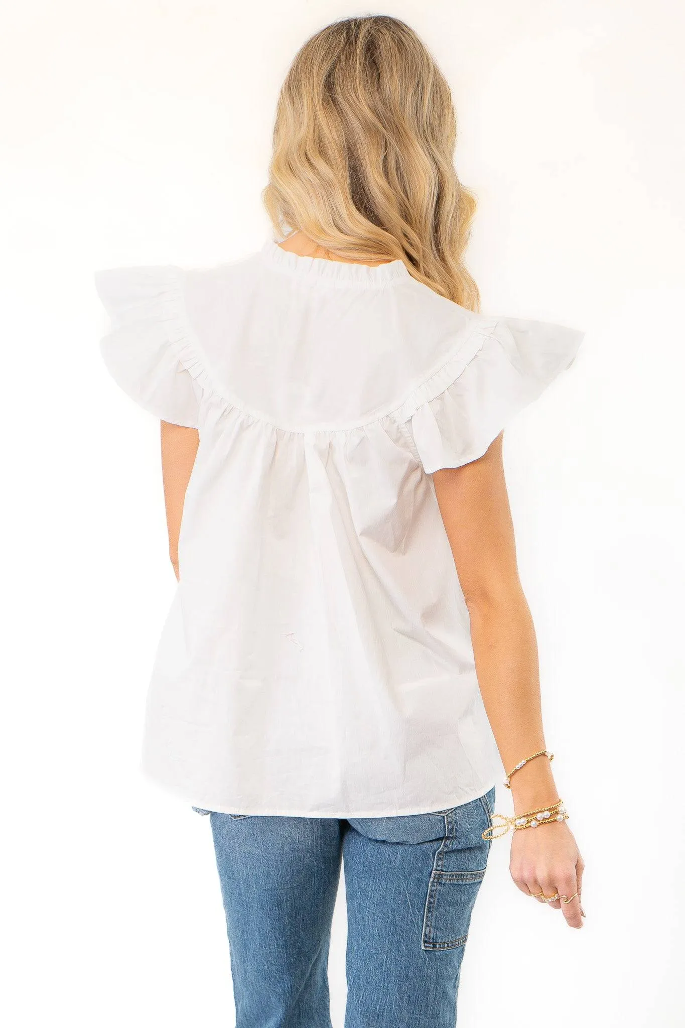 Ruth White Ruffle Sleeve Poplin Top