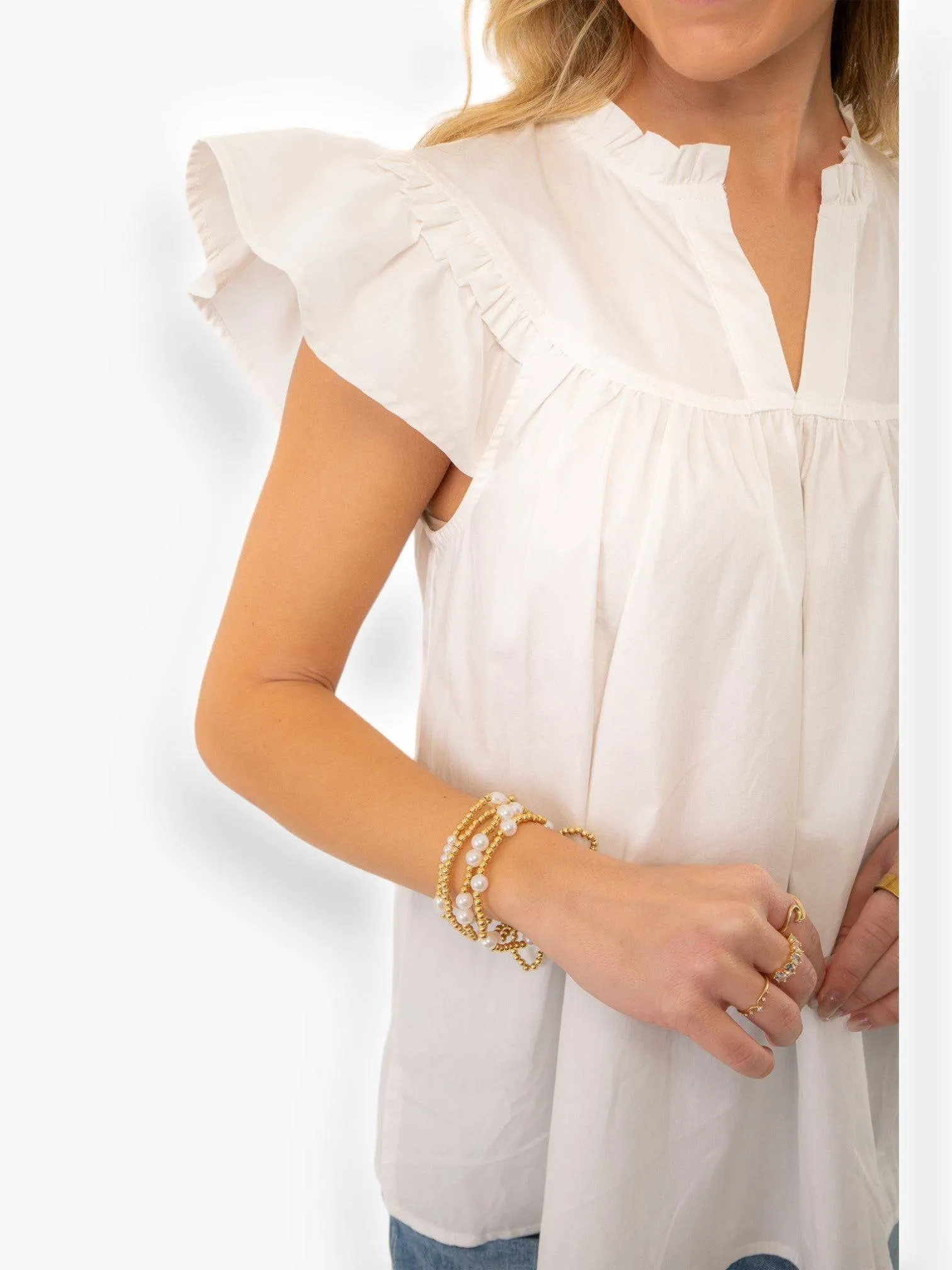Ruth White Ruffle Sleeve Poplin Top