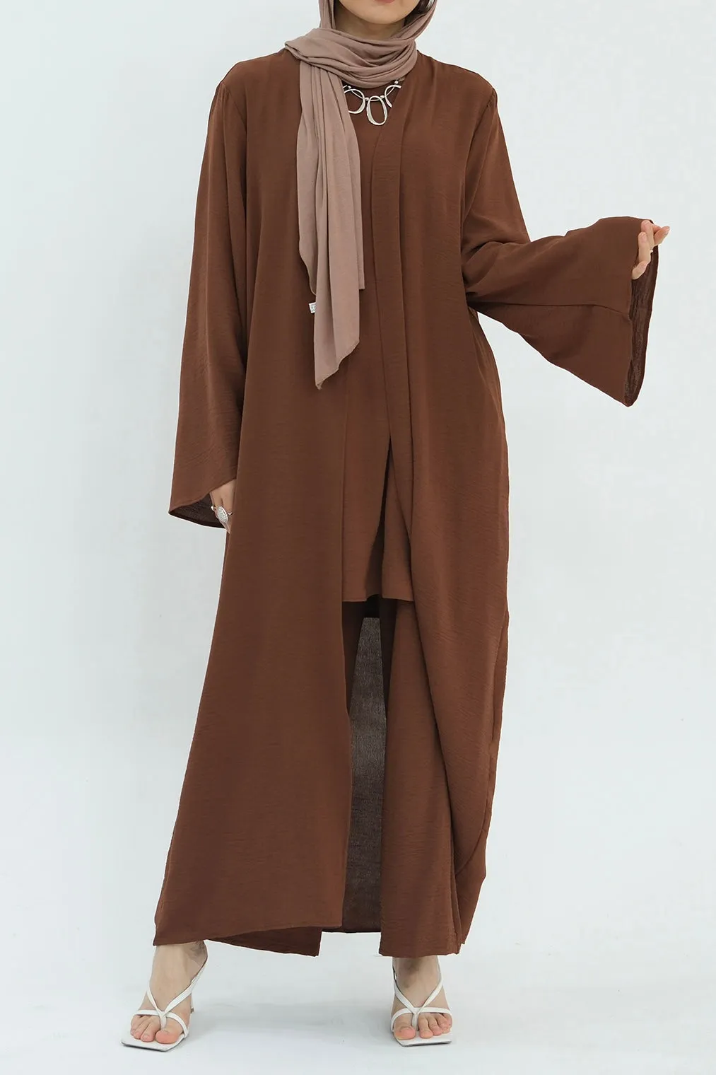Sadia Stylish Casual Three Piece Abaya Set 779 - Coffee
