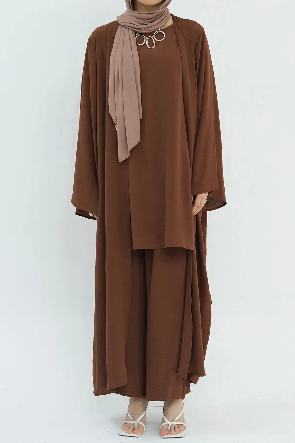 Sadia Stylish Casual Three Piece Abaya Set 779 - Coffee
