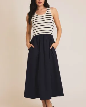 Sleeveless Knit & Woven Mix Dress - Cream/Navy Stripe