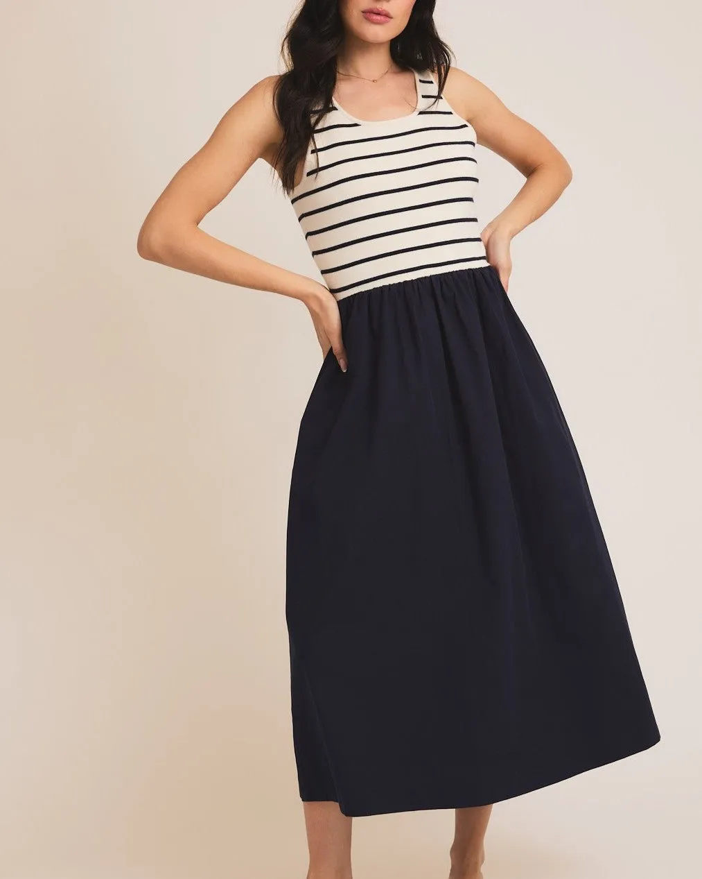 Sleeveless Knit & Woven Mix Dress - Cream/Navy Stripe