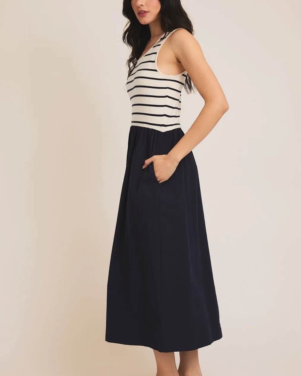 Sleeveless Knit & Woven Mix Dress - Cream/Navy Stripe