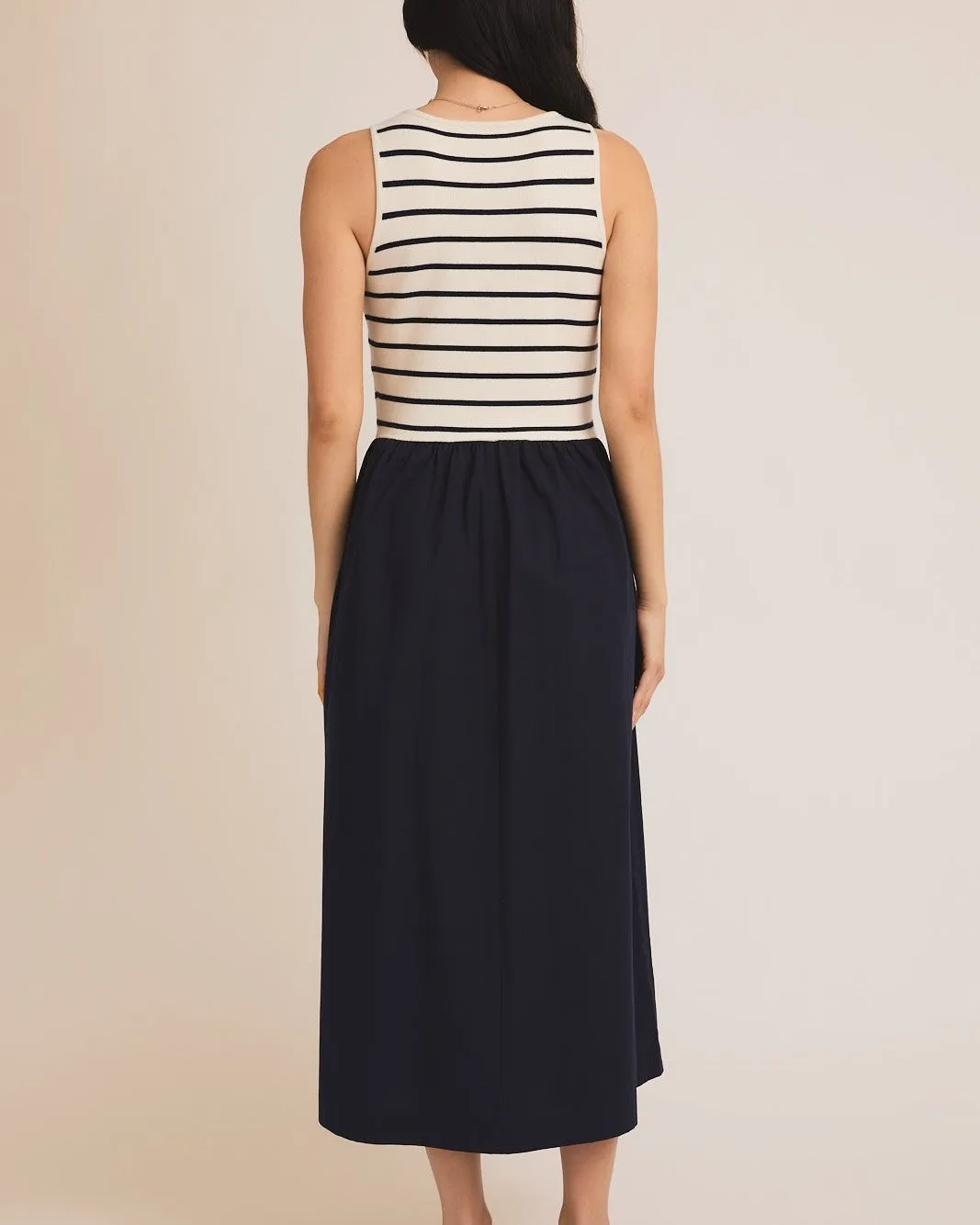 Sleeveless Knit & Woven Mix Dress - Cream/Navy Stripe