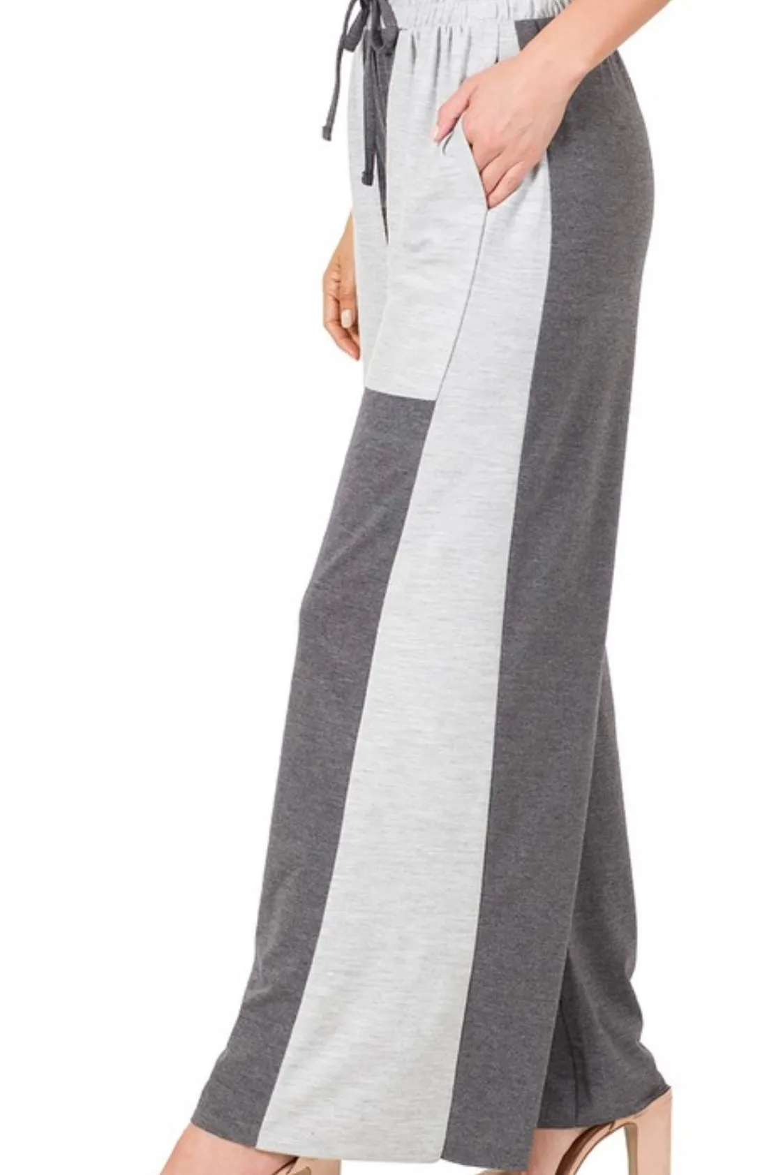SOFT FRENCH TERRY TWO TONE WIDE LEG PANTS