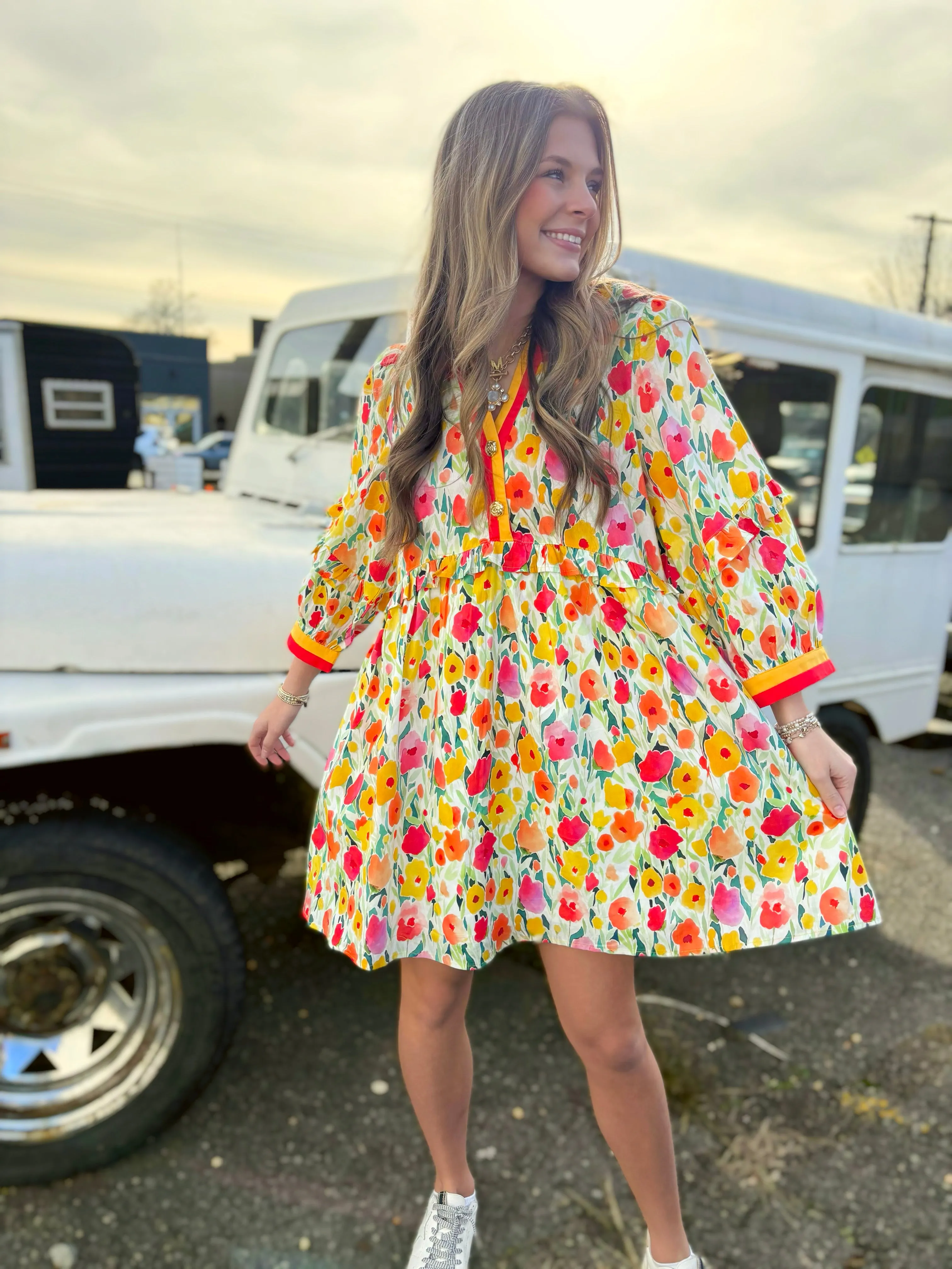 Spring Floral Multi Color Mini Dress With Gold Button Detail