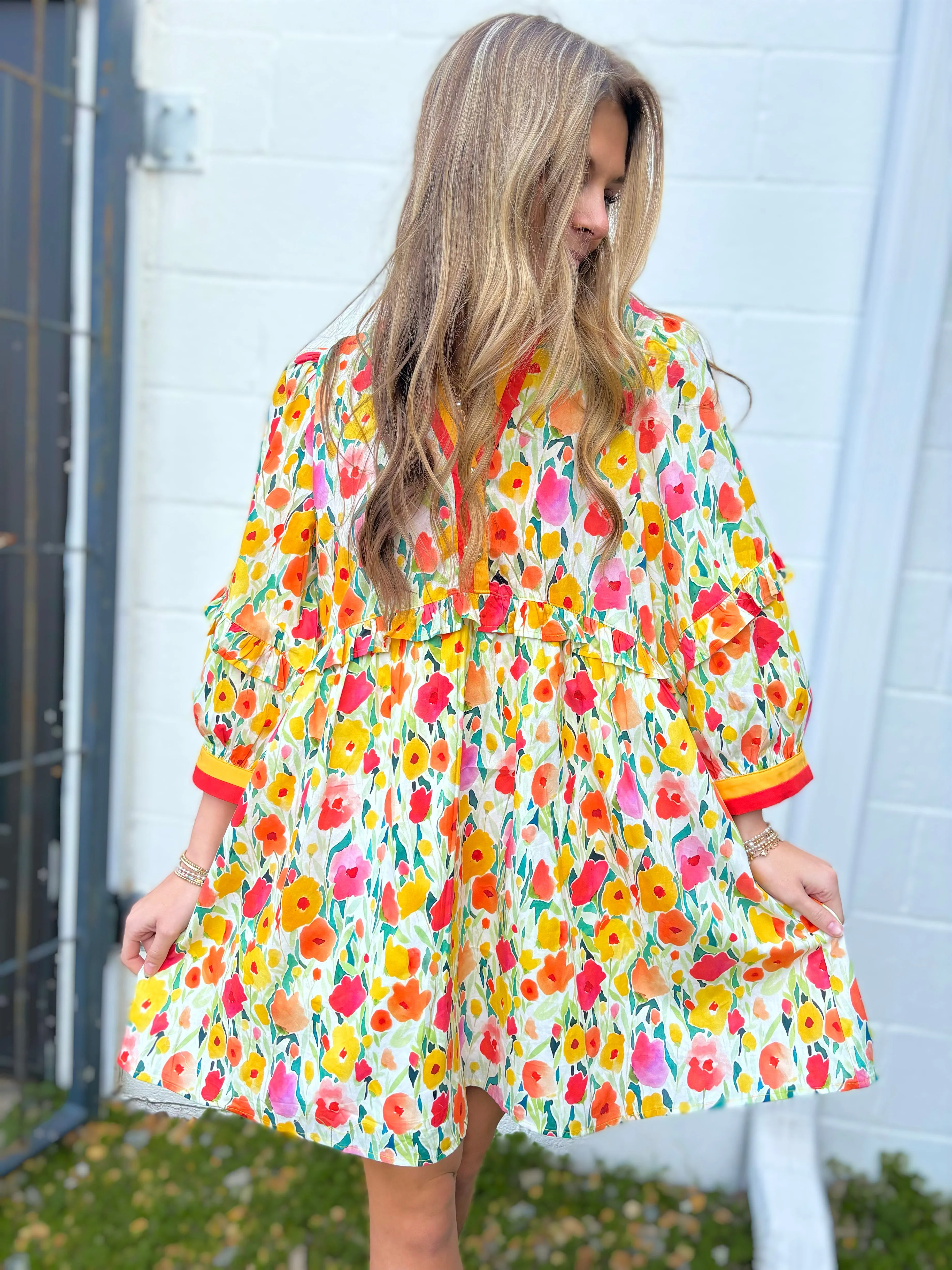Spring Floral Multi Color Mini Dress With Gold Button Detail