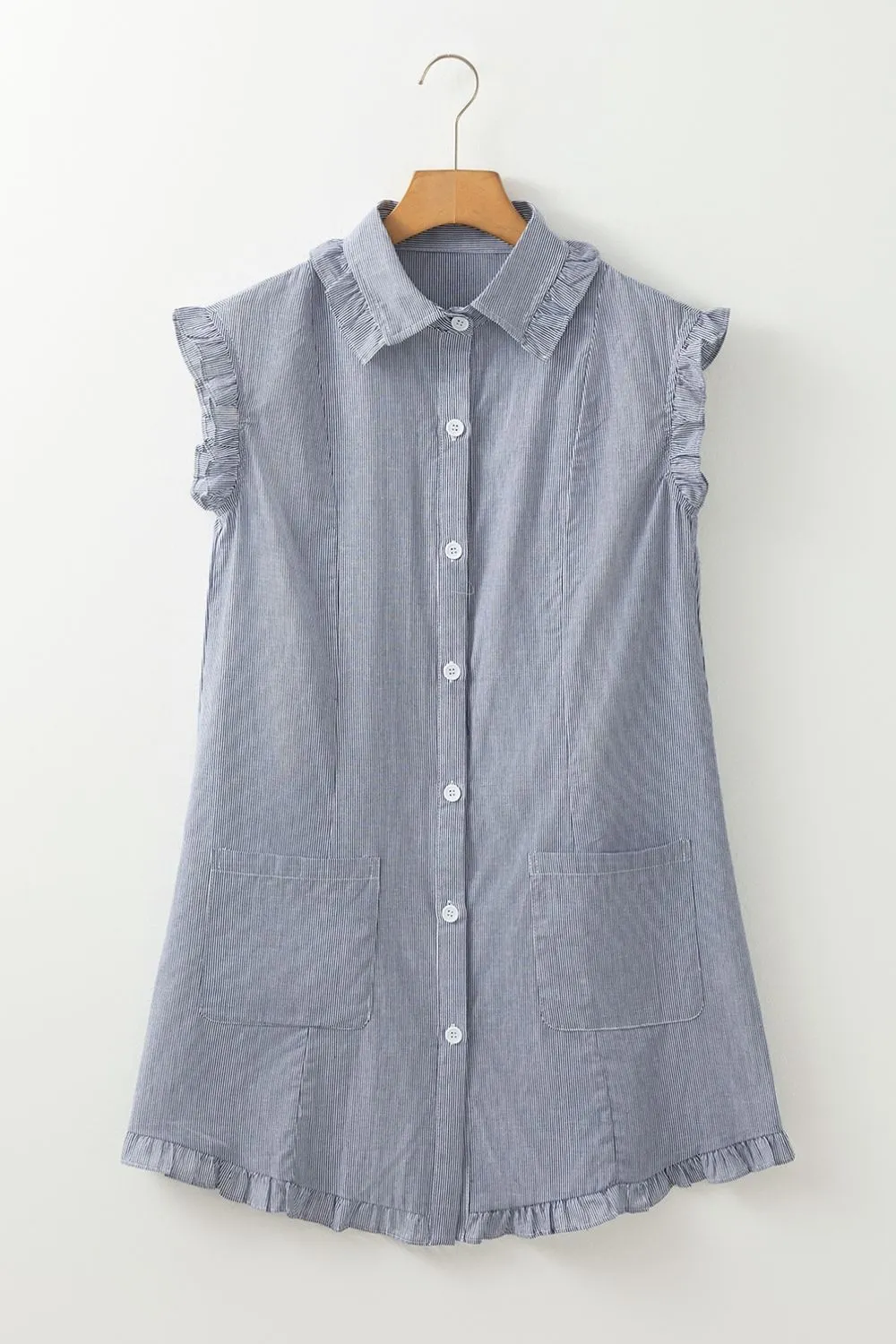 Stripe Frilled Ruffled Cap Sleeve Button Up Mini Dress