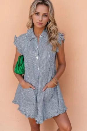Stripe Frilled Ruffled Cap Sleeve Button Up Mini Dress