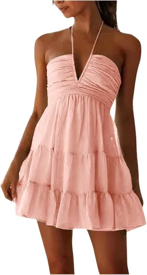 Summer Dresses for Women 2025, Women's Deep V Neck Halter Cutout Casual Mini Dress Ruffle Hem A Line Cute Party Club Dresses