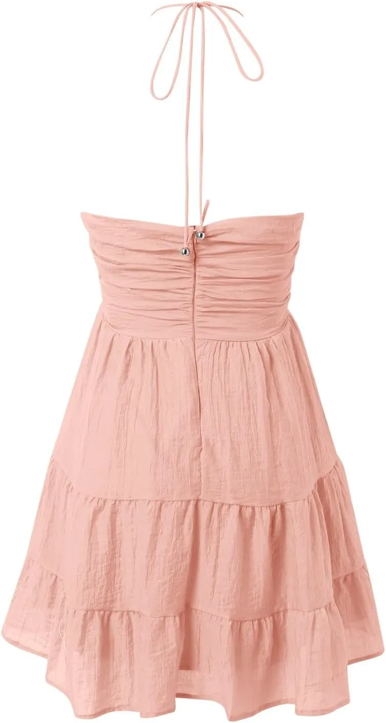 Summer Dresses for Women 2025, Women's Deep V Neck Halter Cutout Casual Mini Dress Ruffle Hem A Line Cute Party Club Dresses