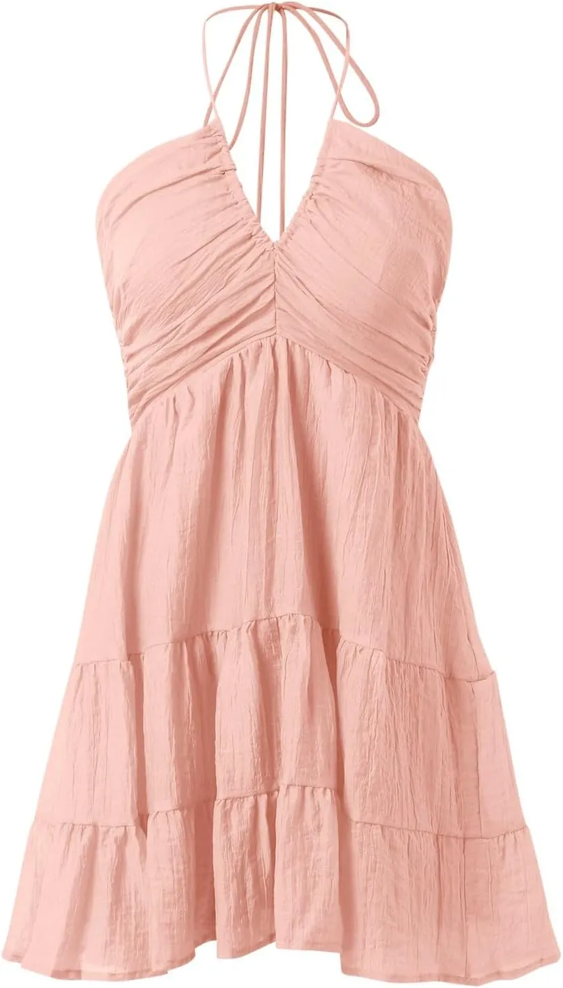 Summer Dresses for Women 2025, Women's Deep V Neck Halter Cutout Casual Mini Dress Ruffle Hem A Line Cute Party Club Dresses