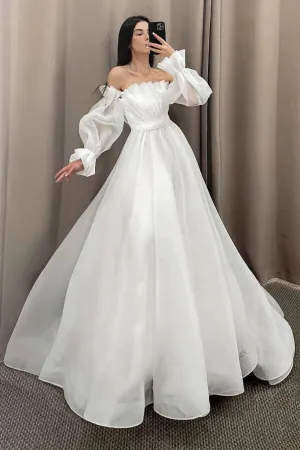 Tulle A Line Strapless Puff Sleeves Off Shoulder Flowy Wedding Dresses, MW1119