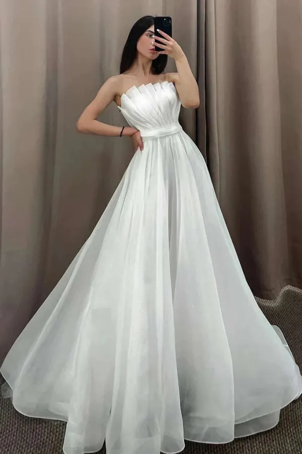 Tulle A Line Strapless Puff Sleeves Off Shoulder Flowy Wedding Dresses, MW1119