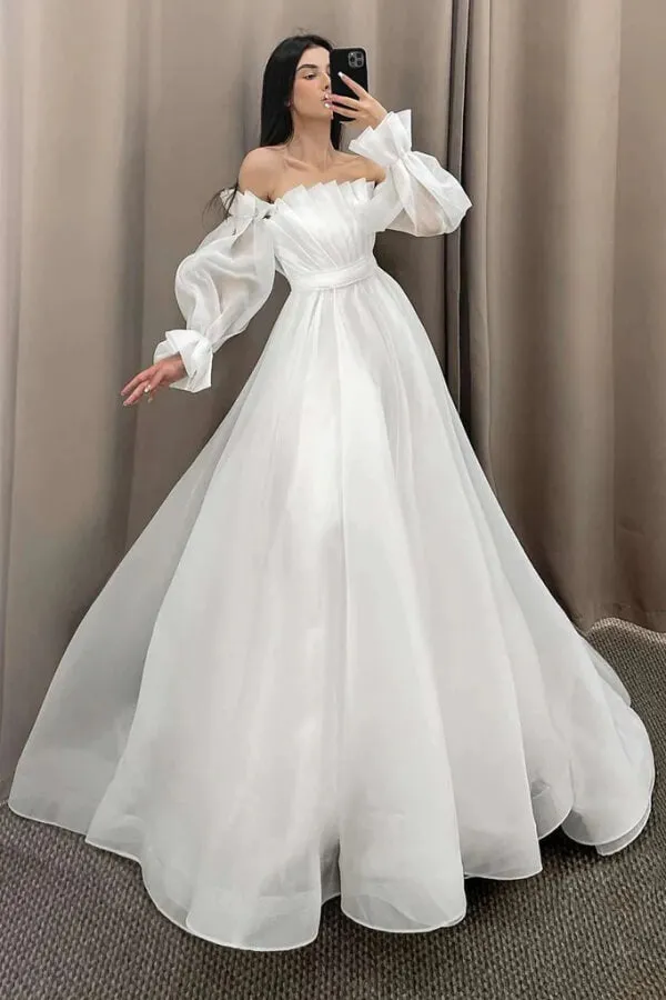 Tulle A Line Strapless Puff Sleeves Off Shoulder Flowy Wedding Dresses, MW1119