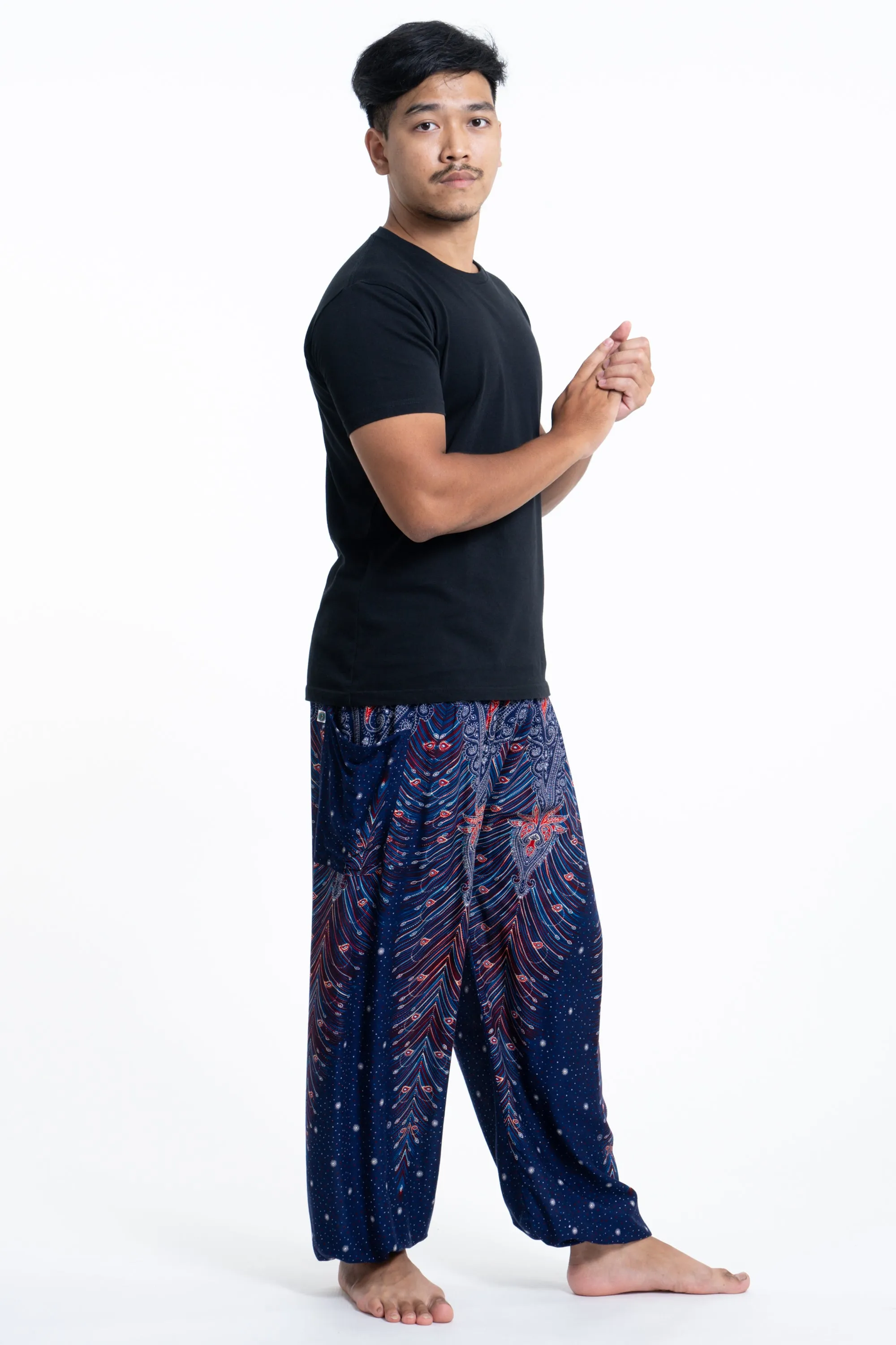 Unisex Peacock Feathers Harem Pants in Blue