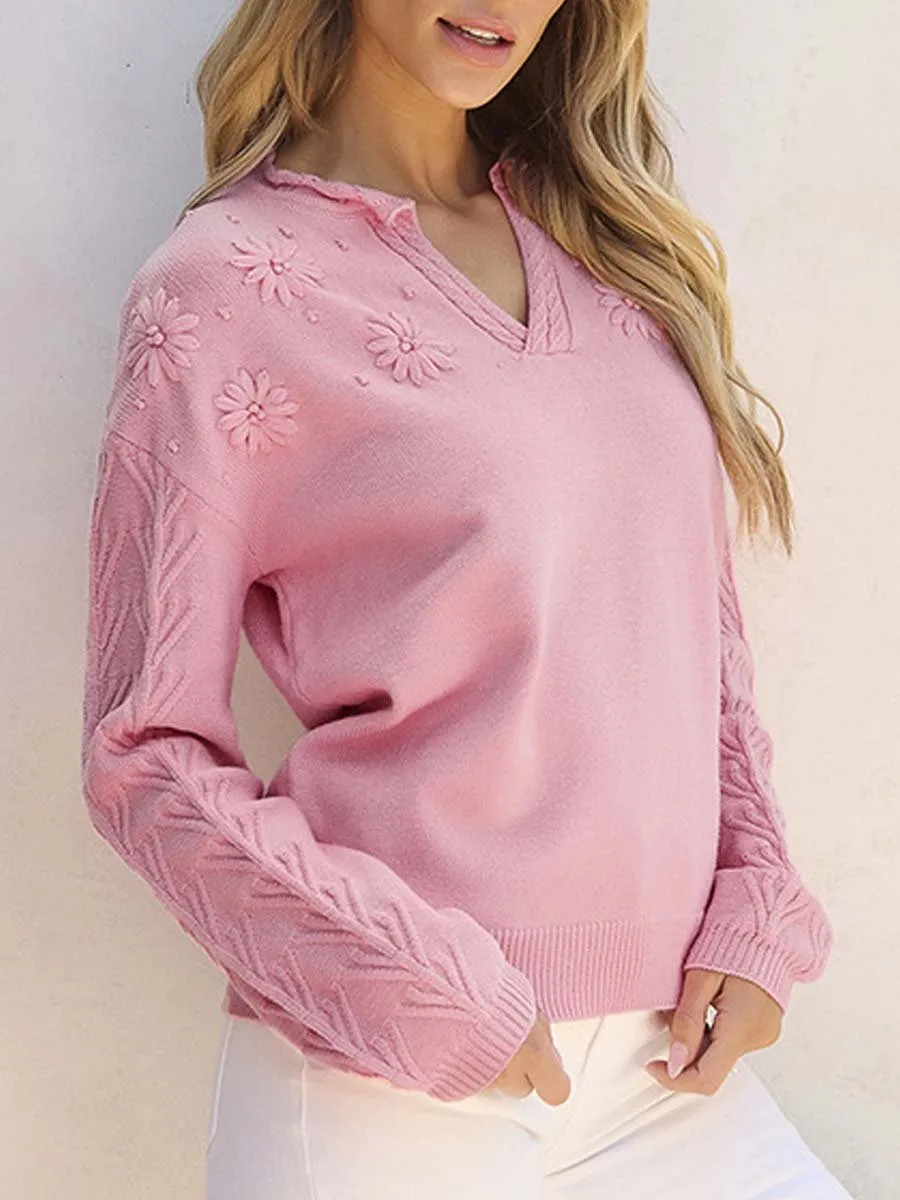 Versatile Knitted Sweater for Women with V-Neck and Floral Embroidery