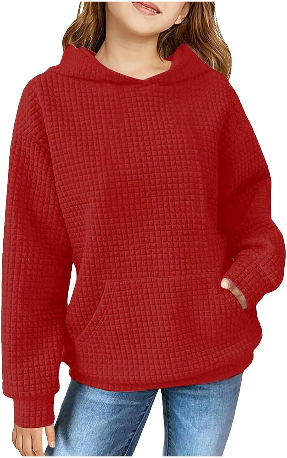 Waffle Knit Hoodies For Girls Cute Long Sleeve Hooded Pullovers Oversized Sweaters With Pocket Preppy Cloth 4-11 Years