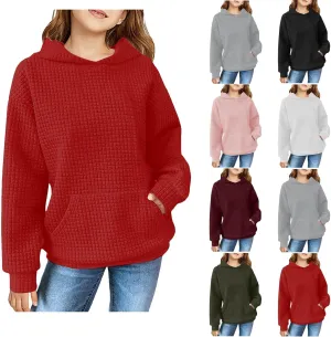 Waffle Knit Hoodies For Girls Cute Long Sleeve Hooded Pullovers Oversized Sweaters With Pocket Preppy Cloth 4-11 Years