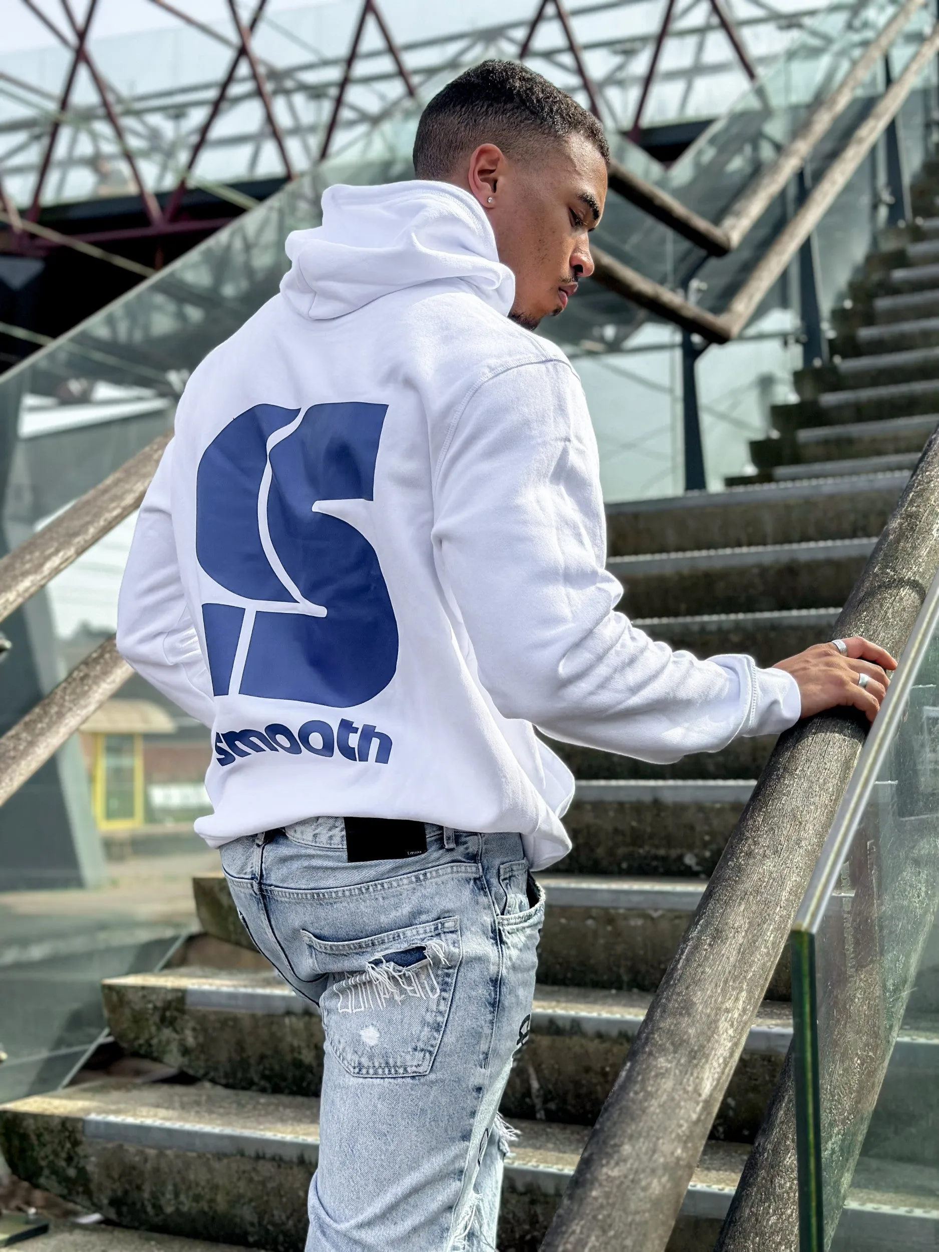 White Hoodie / S Logo Blue Front Back Men