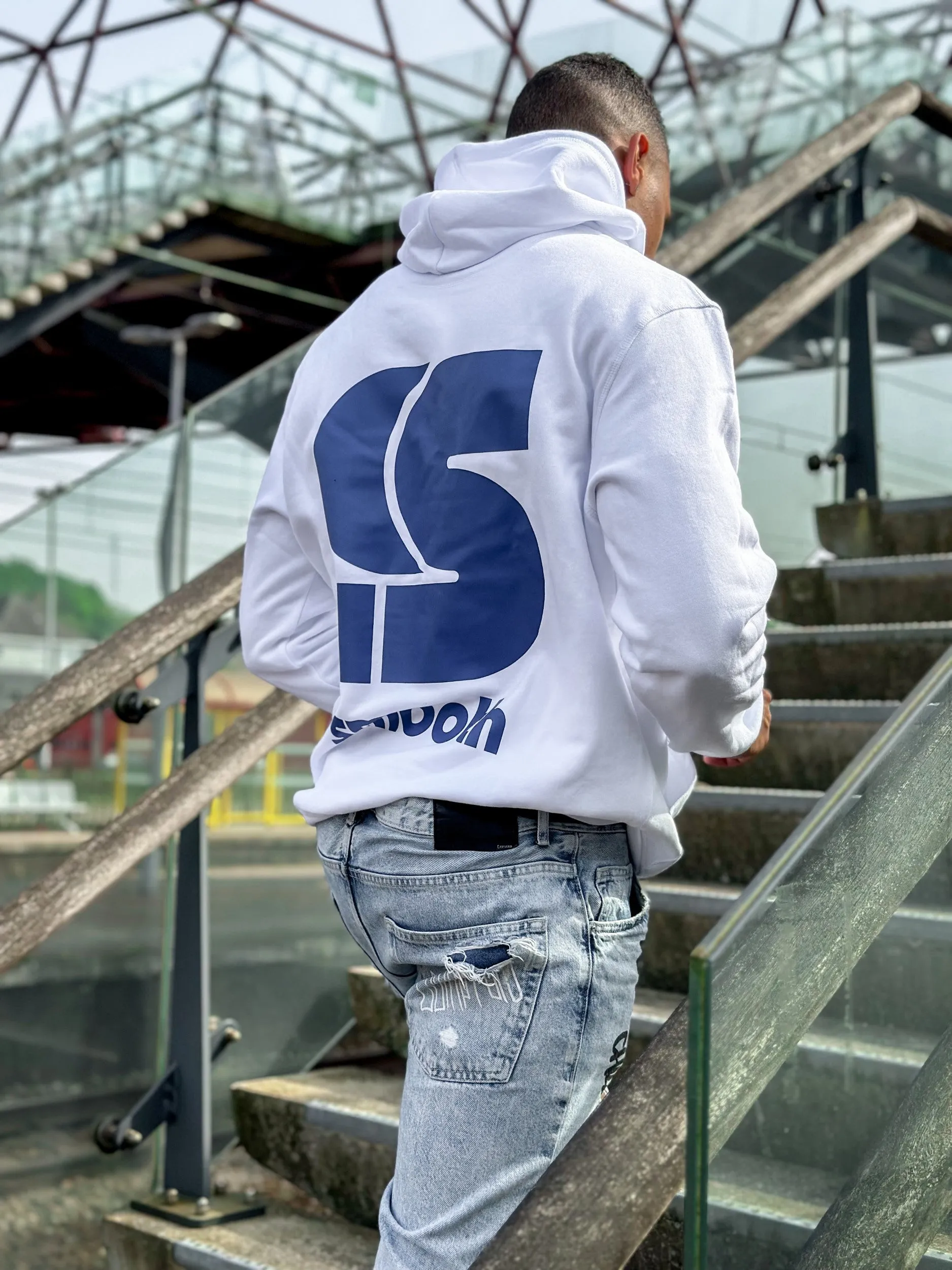 White Hoodie / S Logo Blue Front Back Men