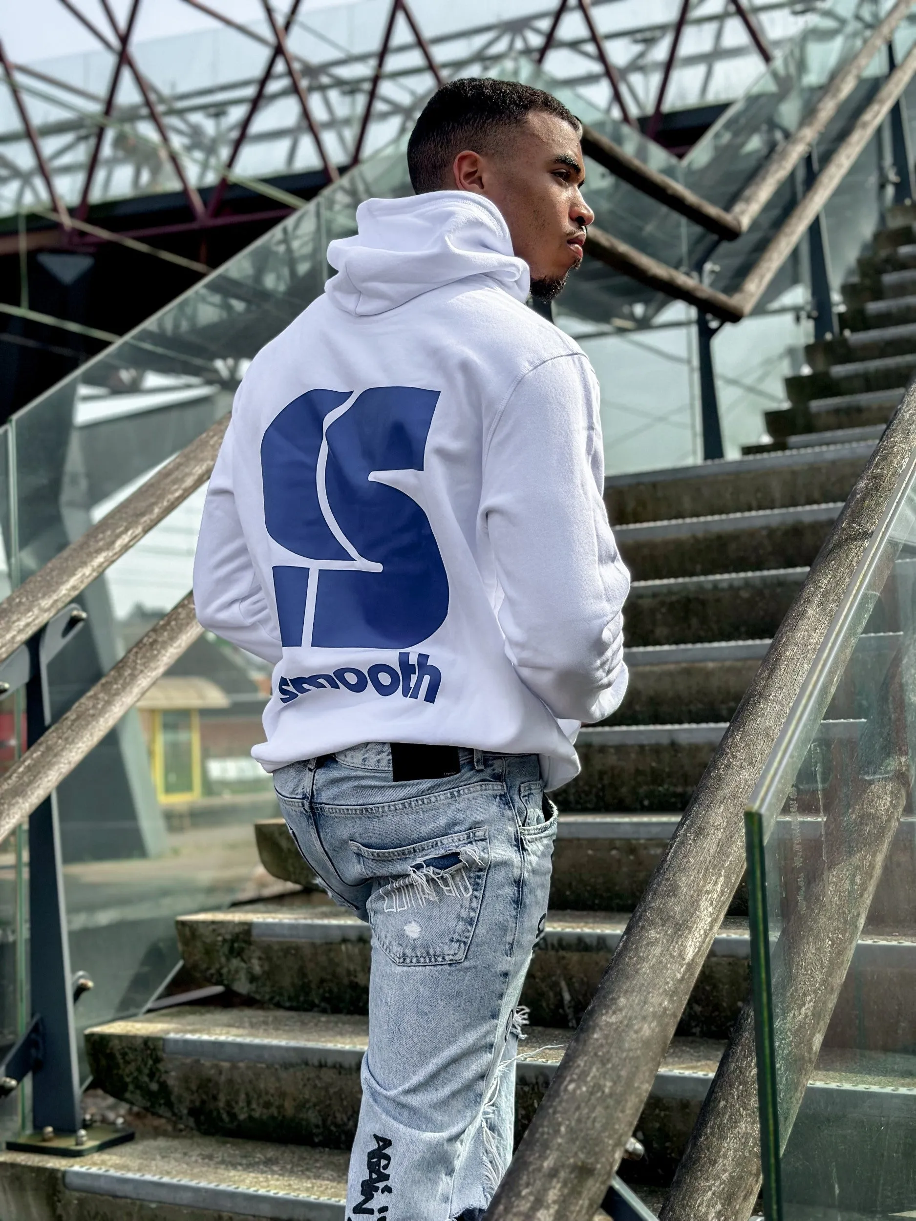 White Hoodie / S Logo Blue Front Back Men