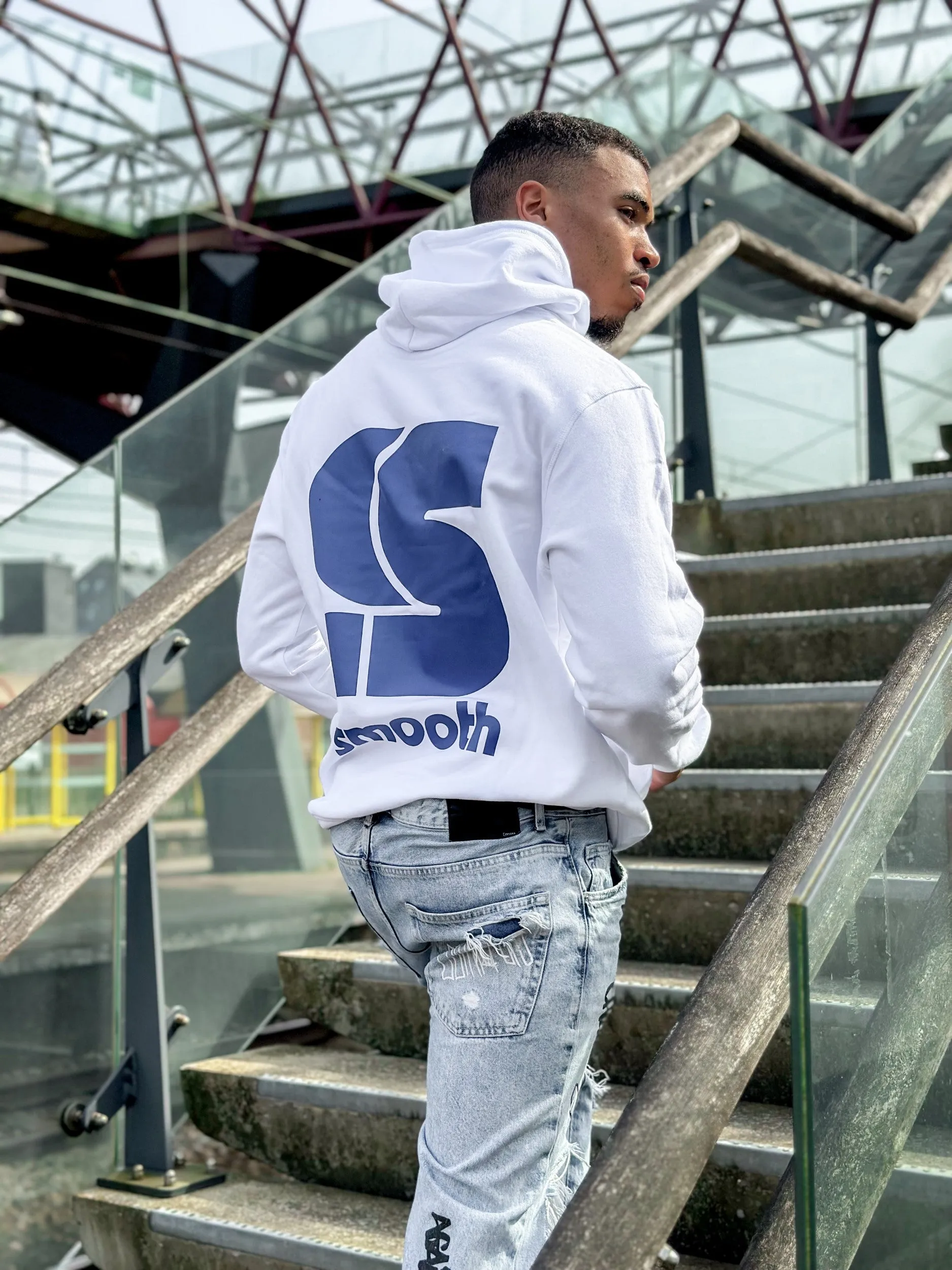 White Hoodie / S Logo Blue Front Back Men