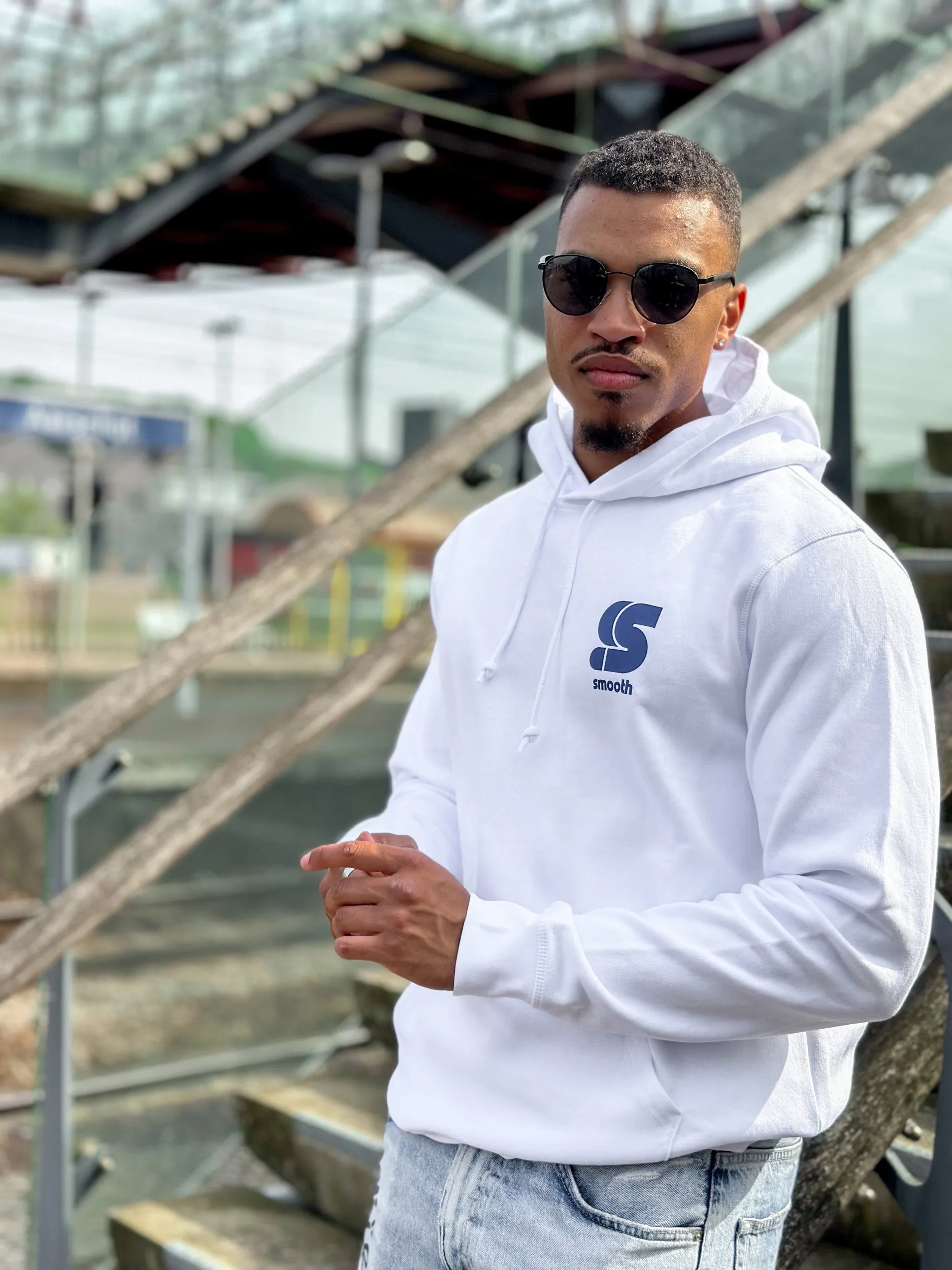 White Hoodie / S Logo Blue Front Back Men