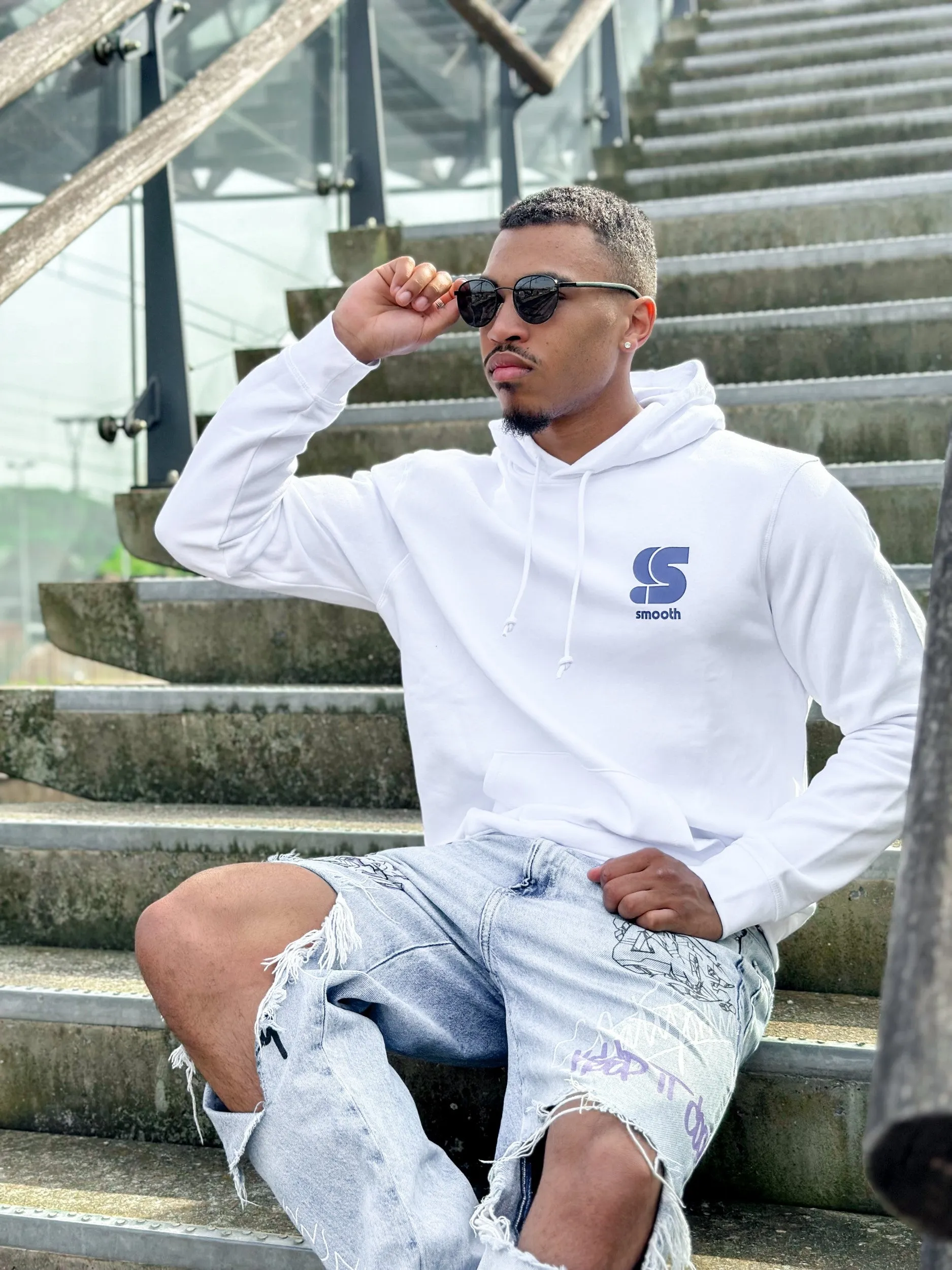 White Hoodie / S Logo Blue Front Back Men