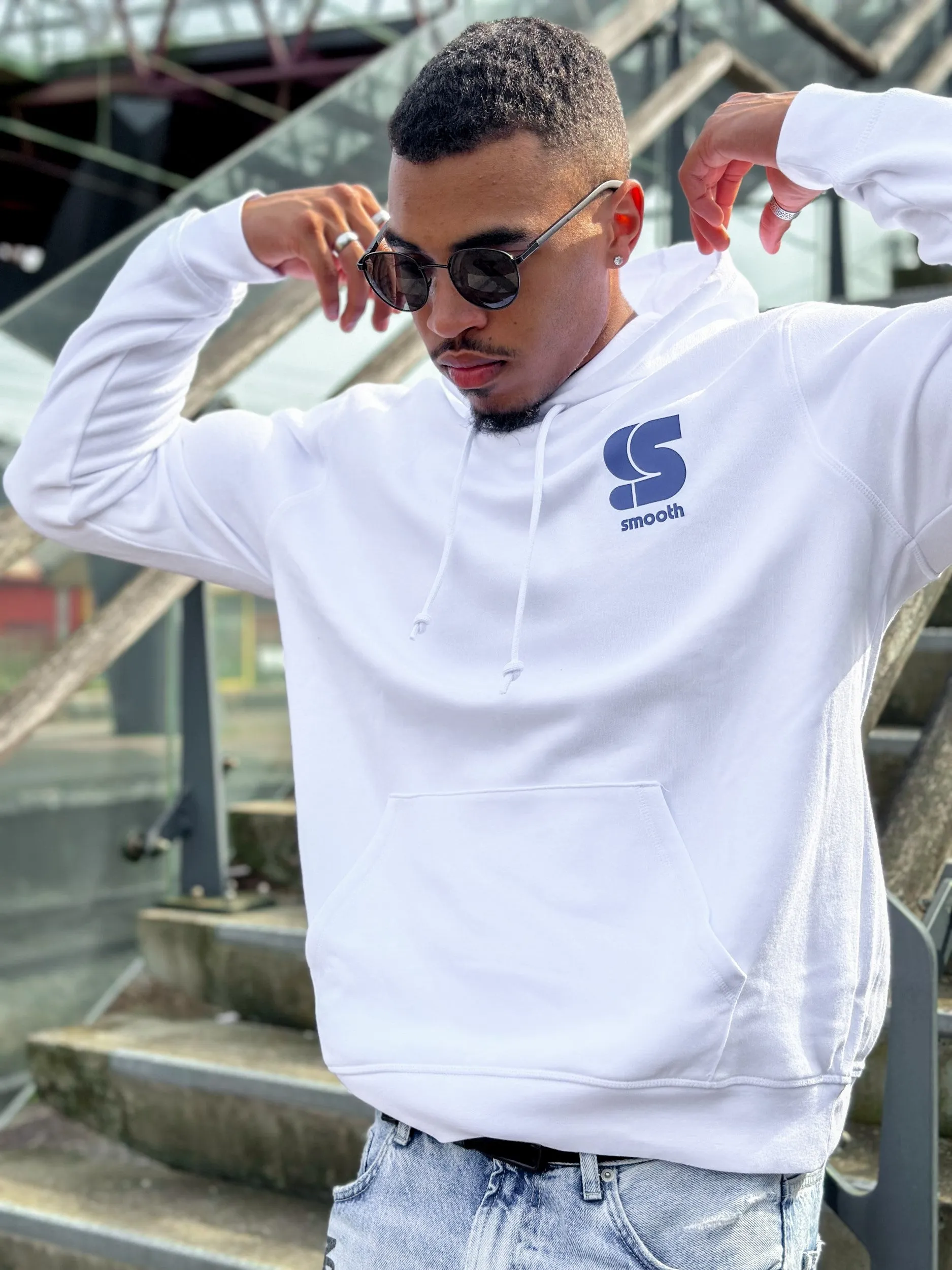 White Hoodie / S Logo Blue Front Back Men