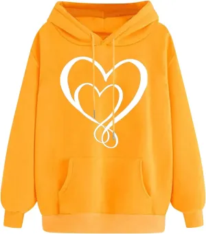 Women Heart Print Hoodie Classic Solid Graphic Oversized Pullover Valentines Day Long Sleeve Sweatshirt with Pocket