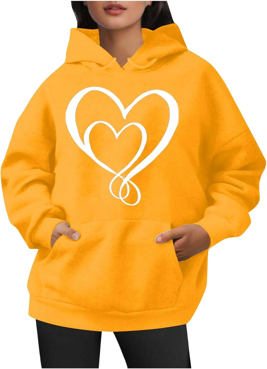 Women Heart Print Hoodie Classic Solid Graphic Oversized Pullover Valentines Day Long Sleeve Sweatshirt with Pocket