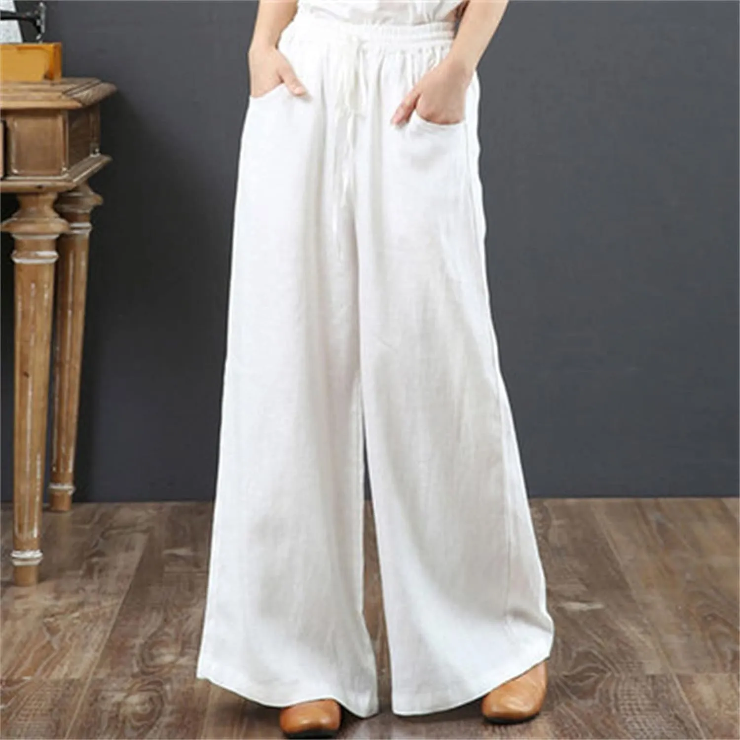 Women Summer Linen Cotton Pants Drawstring Elastic High Waist Palazzo Trousers Casual Baagy Solid Wide Leg Pant with Pocket