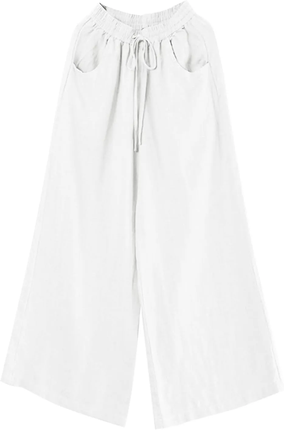 Women Summer Linen Cotton Pants Drawstring Elastic High Waist Palazzo Trousers Casual Baagy Solid Wide Leg Pant with Pocket
