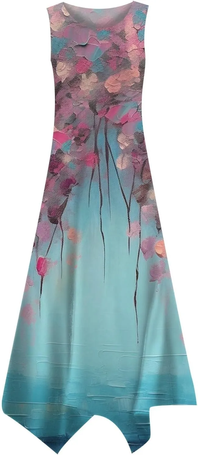 Womens Casual Dress 2025 Summer Tank Dresses Loose Flowy Beach Dress with Pockets Hankerchief Flare Midi Sundress