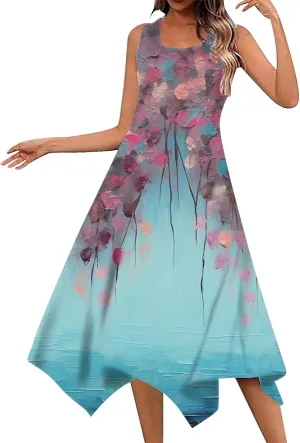Womens Casual Dress 2025 Summer Tank Dresses Loose Flowy Beach Dress with Pockets Hankerchief Flare Midi Sundress